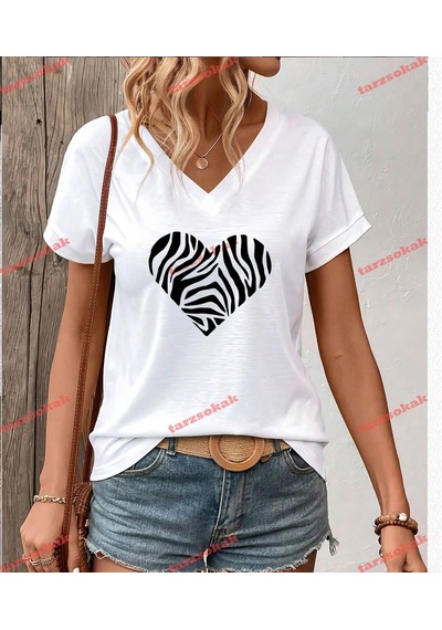 Startmore Zebra Desenli Kalp Beyaz