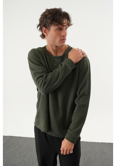 Redline Taren Oversize Erkek Kışlık Düğmeli Sweatshirt Haki