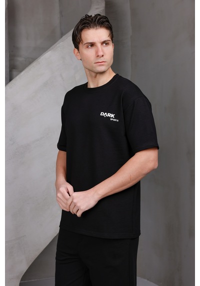Erkek Baskılı Oversize Bisiklet Yaka 2 İki İplik Kompakt T-shirt Siyah