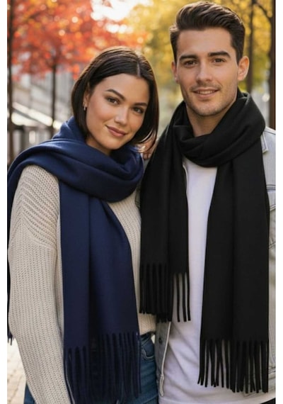 Tezzgelsin Unisex Yumuşak Dokulu Püsküllü Kışlık Buklet Atkı Şal 2'li Set Lacivert - Siyah