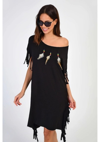 Aqe Fashion Kadın Geniş Yaka Kuş Tüyü Desenli Paça Püsküllü Siyah Elbise Siyah