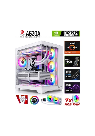 Xaser Shiny X60 R5-7500F 16 GB 1 TB SSD 8 GB Rtx5060 Dos Masaüstü Oyuncu Bilgisayarı