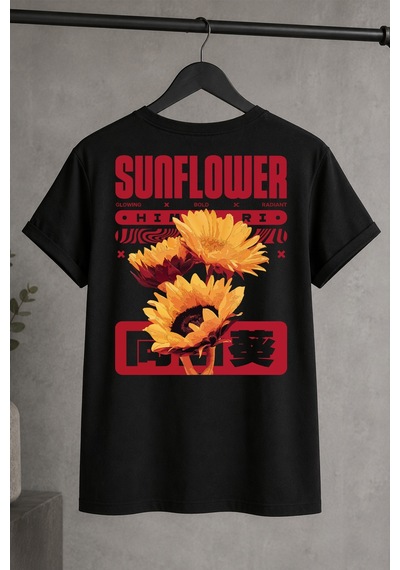 Spoyi Bold Sunflower Tasarımlı %100 Pamuk Yarım Oversize Siyah T-shirt