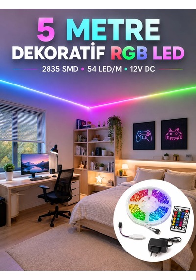 5 Metre Rgb Şerit Led 2835 Smd 54 Led/m Uzaktan Kumandalı Dekoratif Aydınlatma 5 Metre, Rgb, 2835 Smd, 54 Led/m