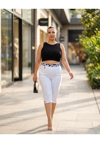 Zanessi Fashıon Büyük Beden Kemerli Yüksek Bel Diz Altı Denim Kadın Kapri Beyaz