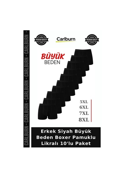 Carlburn Premium Erkek Siyah Büyük Beden Boxer Pamuklu Likralı 10'lu Paket Pamuk Doku Esnek Kumaş Örme Giyim
