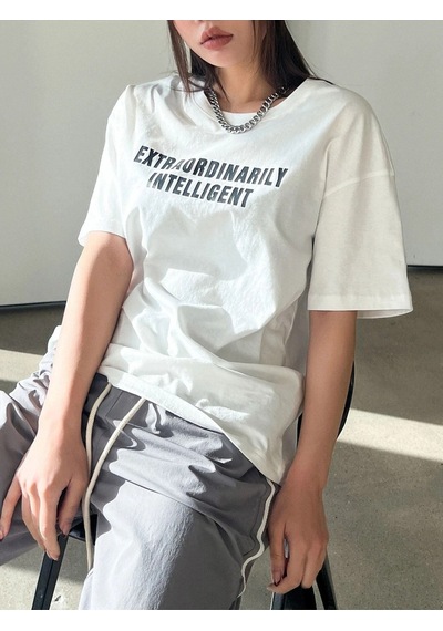 Kadın Beyaz Oversize Extraordinarily Baskılı Örme T-shirt Beyaz