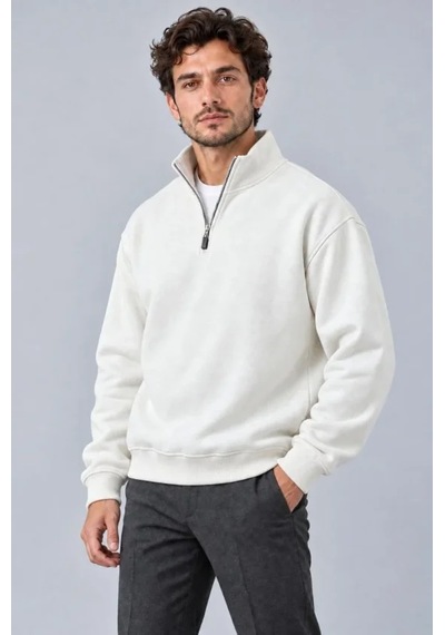 Butik İstanbul Erkek Üç İplik İçi Şardonlu Dik Yaka Yarım Fermuarlı Kışlık Sweatshirt - Beyaz