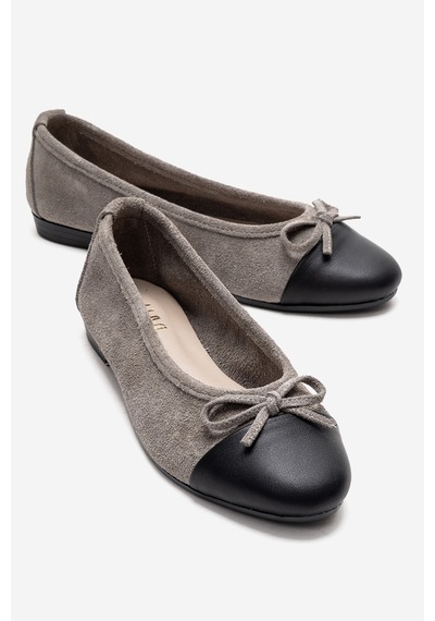 Luvishoes Boleo Gri Süet Siyah Hakiki Deri Kadın Babet Ayakkabı