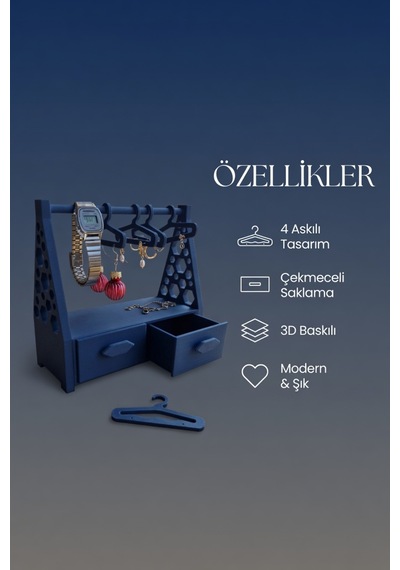 Çekmeceli Takı Organizer Standı Kolye, Küpe, Saat Ve Yüzük Düzenleyici Lacivert