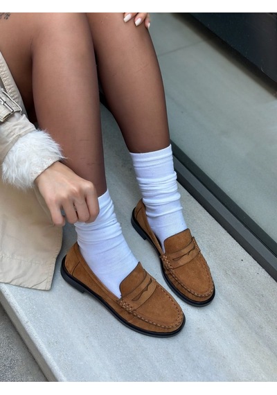 Erva'nın Butiği Taba Süet Serly Büzgü Detay Rahat Kadın Loafer-6467