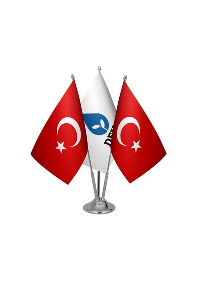 Masa Üstü Deva Partisi Bayrağı Türk Bayrağı Üçlü Krom Direk Masa