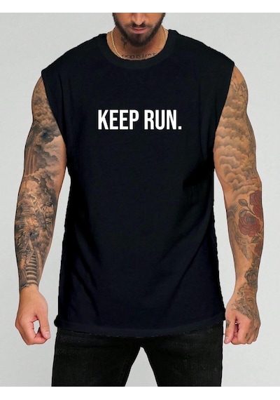 Keep Run. Baskılı Kolsuz Tişört SIYAH