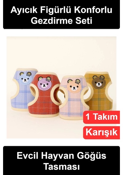Keditasması Ayıcık Figürlü Ekose Desenli Göğüs Gezdirme Tasması Seti Kayışlı Küçük Irk Köpek Evcil