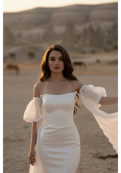 Berissima Bride Balık Nikah Elbisesi, Kırık Beyaz, Balon Portatif Kol, Kayık Yaka, Evden Çıkış Elbisesi, Ophelia Kırık Beyaz Kırık Beyaz