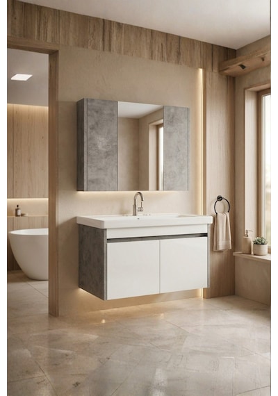 Retro 80 Cm Lavabolu, Aynalı Banyo Dolabı, Retro Gümüş-beyaz, Seramik Lavabo Dahil