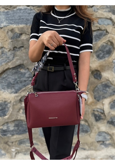 Kadın Orijinal Just Polo Yumuşak Deri Şal Detaylı Ayarlanabilir Askılı El Ve Omuz Çantası Shopper Bordo