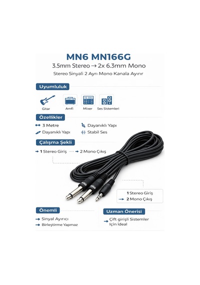 Mn166g 3.5mm Stereo To 2x6.3mm Mono Erkek Ses Kablosu 3 Metre Gitar, Amfi Ve Mixer Uyumlu