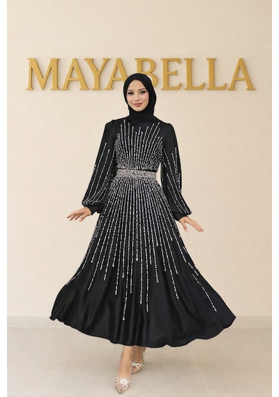 Mayabella İşlemeli Saten Tesettür Abiye Siyah Siyah