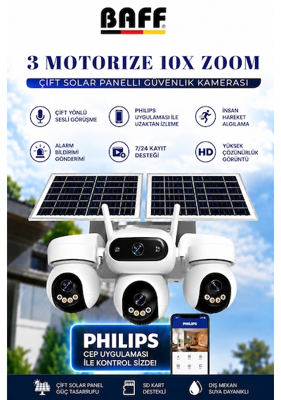 SIM-5874 Çift Solar Panelli 4G SIM Kartlı 3 Lensli PTZ Akıllı Dış Mekan Güvenlik Kamerası HD Suya Dayanıklı IP Kamera