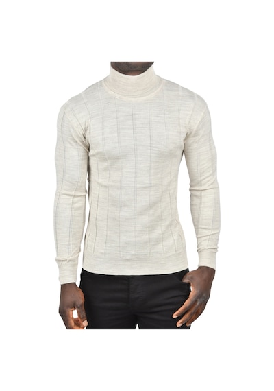 Deepsea Erkek Bej Slim Fit Likralı Tam Balıkçı Yaka Çizgili Boğazlı Kazak 2505504 Bej