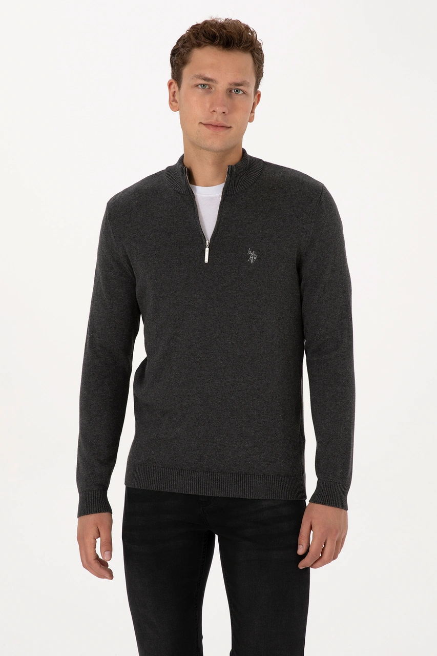 U.S. Polo Assn. Erkek Slim Fit Yarım Fermuarlı Antrasit Melanj Basic Kazak 50313695-VR081