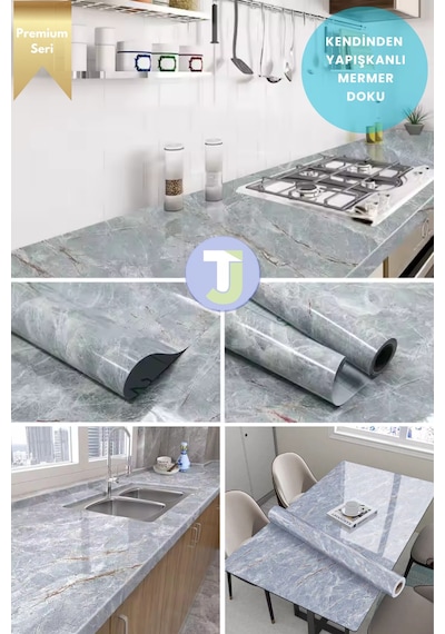 Technojet Kendinden Yapışkanlı Mermer Desen Folyo Mutfak Banyo Tezgah Duvar Kaplama 60cmx100cm Gri