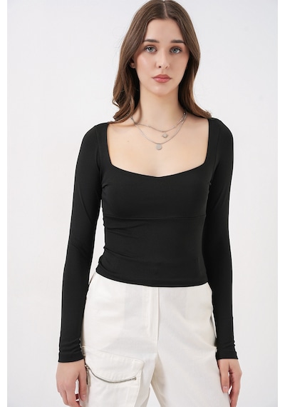 Bigdart Kadın Kare Yaka Slim Fit Bluz 986 - Siyah