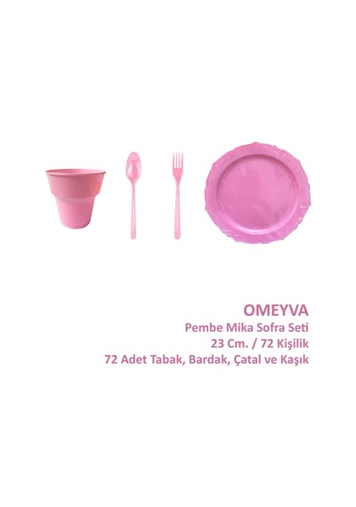 Omeyva 23 Cm. Plastik Mika Pembe Sorfa Piknik Seti - 72 Kişilik Tabak Bardak Çatal Kaşık Takımı
