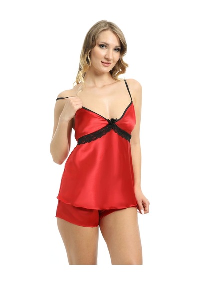 Kırmızı Saten Babydoll Şortlu Takım - 314 Çok Renkli