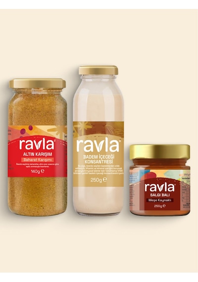 3'lü Ürün - Ravla Badem İçeceği Konsantresi - 250g/ Ravla Salgı Balı Meşe Kaynaklı - 250g / Ravla Altın Karışım 140g