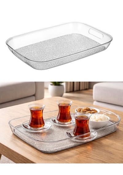 Kırılmaz Şeffaf Tepsi Dikdörtgen Büyük Boy Sunum Tepsisi Modern Servis Tepsisi 44x30cm Şeffaf
