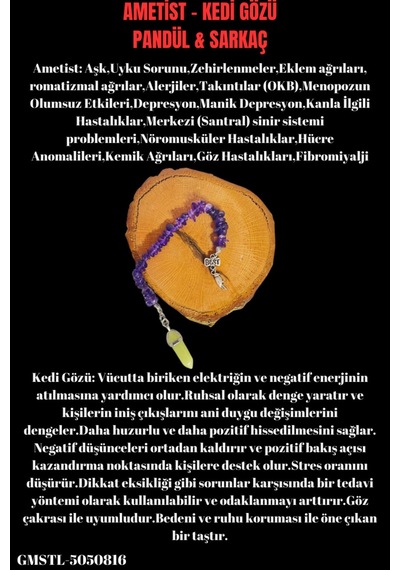 Sertifikalı Ametist & Kedi Gözü Doğal Taş Kolye Pandül Sarkaç Aaa Kalite Çok REnkli