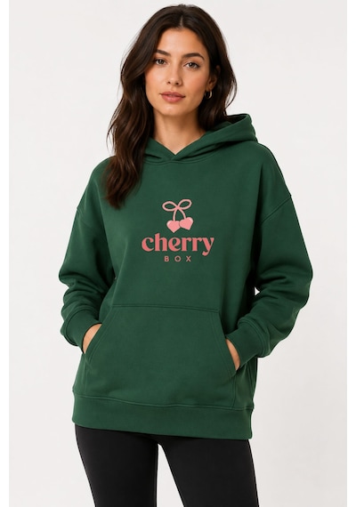 Herkesemoda Cherry Baskılı Kapüşonlu 2 İplik Şardonlu Sweatshirt Yeşil