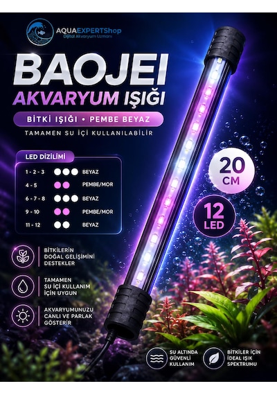 Akvaryum Işığı - Bitki Işığı - Balık Işığı - Tamamen Su İçinde Kullanılabilir - 12 Led - Pembe Beyaz - 20 Cm - Güçlü Aydınlatma - 3.5w