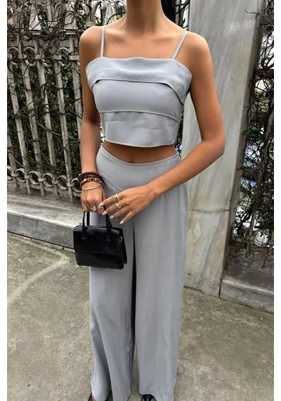 Defymoda Crop Plazzo Pantolon Takım 10155-08 Gri
