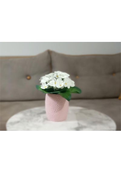 Vazoda Beyaz Yapay Çiçek Dekoratif Pembe Petek Desenli Poliresin Vazo Dahil 8 x 8 x 15 CM