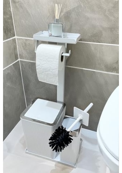 Ayrex 3'ü 1 Arada Banyo Seti Tuvalet Kağıtlık, Çöp Kovası Ve Tuvalet Fırça Takımı Set Çizgili Krom Beyaz Diğer