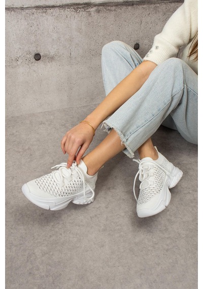 Shoetek Lorda Kadın Sneakers Bağcıklı Triko Dokumalı Spor Ayakkabı Beyaz Beyaz