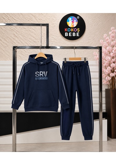 Kokoş Bebe Srv Şerit Detaylı Kapüşonlu Erkek Çocuk Takım - 11/15 Yaş - 31902 Lacivert