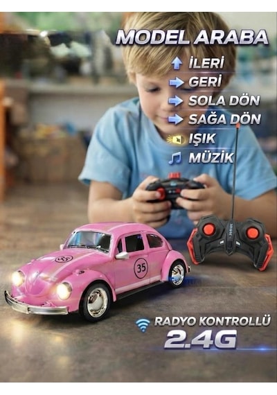 TıfılToys Uzaktan Kumandalı Şarjlı Işıklı Full Fonksiyon Kauçuk Tekerlekli Nostalji Vosvos Araba Pembe