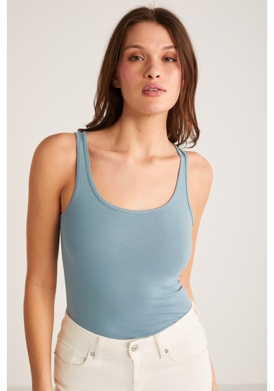 Ethıquet Jayla Kadın Pamuklu Slim Fit Dar Kesim Kalın Askılı Oyuk Yaka Örme Mint Yeşil Atlet Mint Yeşili