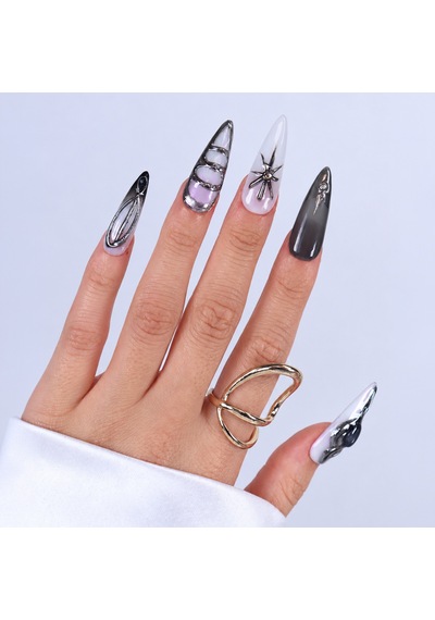 Gri Nail Art Extra Uzun 10'lu Tekrar Kullanılabilir El Yapımı Protez Takma Tırnak Keee1669 M