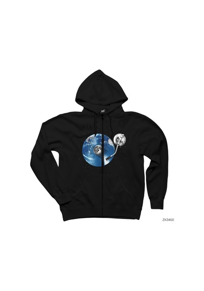 Vinyl World Siyah Fermuarlı Kapşonlu Sweatshirt Siyah
