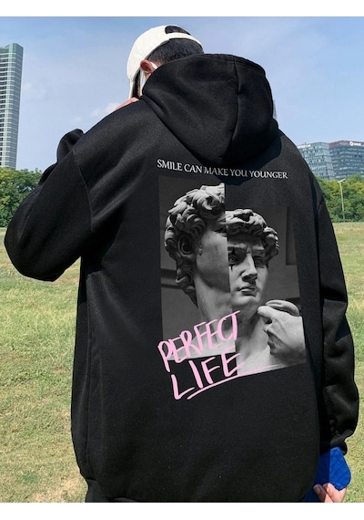 Perfect Life Sweatshirt - Siyah Baskılı Oversize Kapüşonlu Siyah