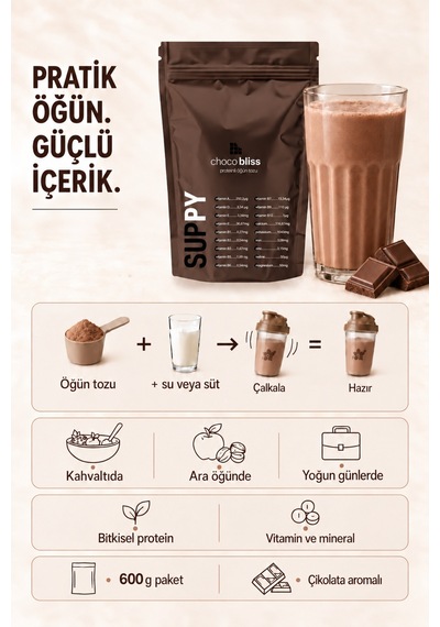 Suppy Choco Bliss Çikolatalı Proteinli Öğün Tozu 600 G Çikolata