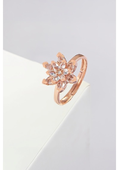 Beyaz Zirkon Taşlı Rose Renk Ayarlanabilir Lotus Gümüş Bayan Yüzük -7902