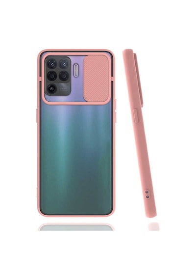 Noktaks - Oppo Uyumlu Oppo Reno 5 Lite - Kılıf Slayt Sürgülü Arkası Buzlu Lensi Kapak - Pembe Açık
