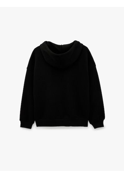 Koton Üç İplik Şardonlu Uzun Kollu Kapüşonlu Baskılı Fermuarlı Sweatshirt Siyah 7wal90005ık