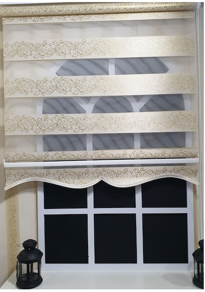 Zebra Stor Perde Sarı Sarmaşık Desen Altın Simli Etek Dilimli Stb9300 V 02